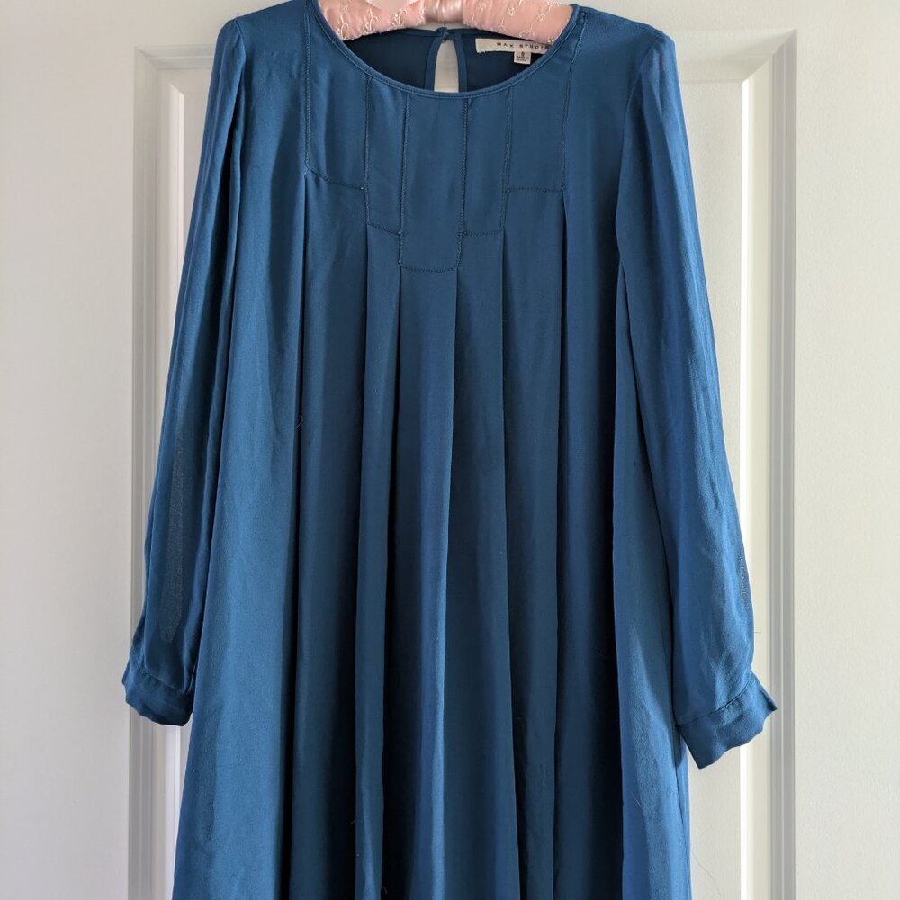 Max Studio Blue Chiffon Pleated Swing Dress